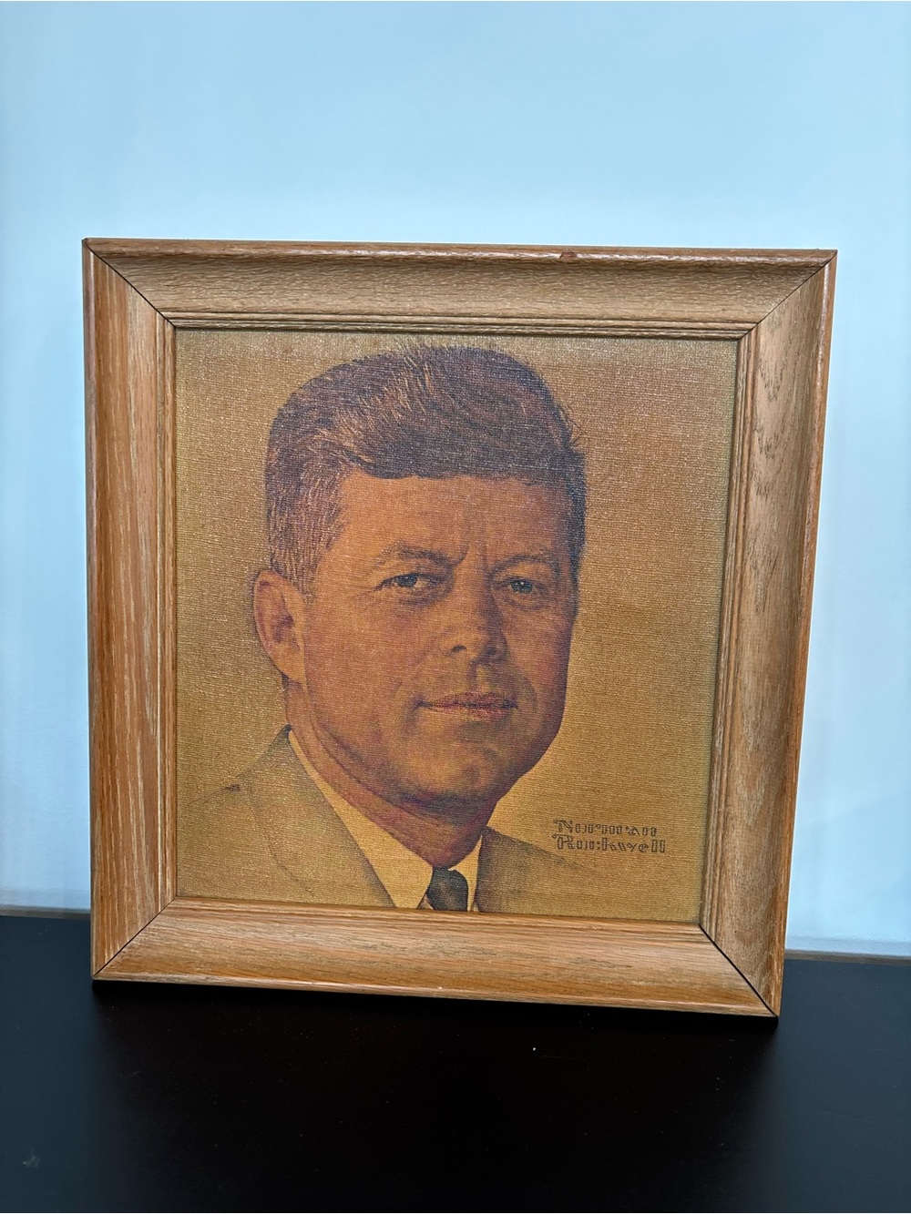 Vintage Norman Rockwell Wooden Framed Canvas Portrait President John F Kennedy